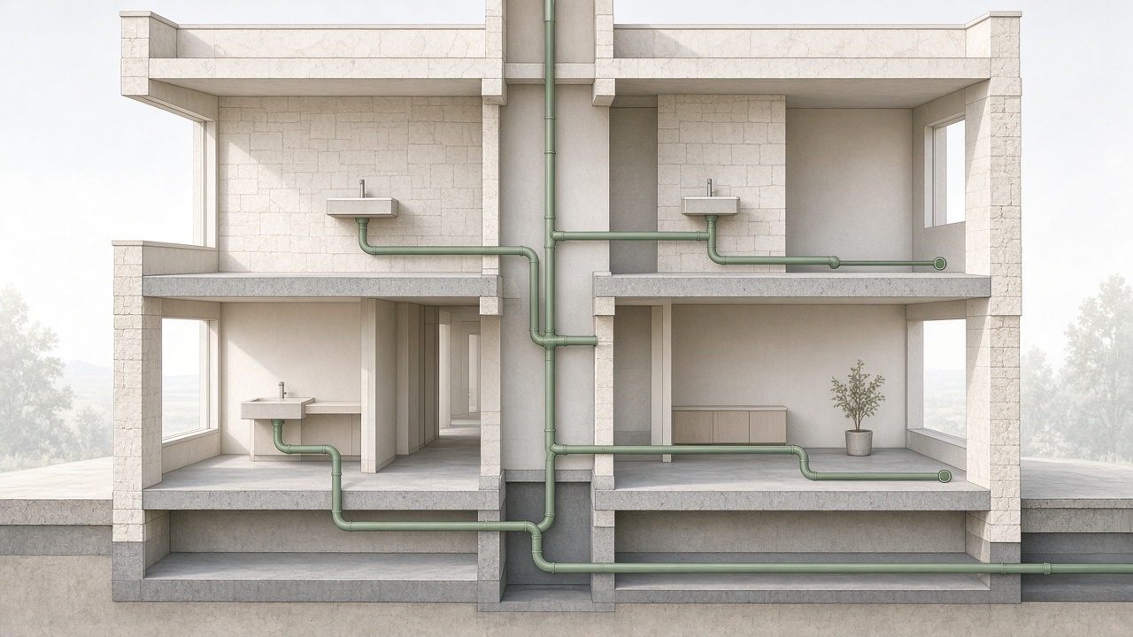 Cutaway view of residential plumbing lines inside a home wall